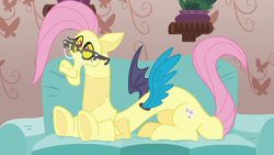 Size: 1280x720 | Tagged: safe, screencap, discord, discordant harmony, g4, clothes, cosplay, costume, couch, fluttershy suit, glasses, male, solo