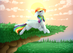 Size: 1500x1085 | Tagged: safe, artist:twinkepaint, rainbow dash, pegasus, pony, g4, cheek fluff, chest fluff, cliff, cloud, female, grass, heart eyes, looking at you, mare, prone, smiling, solo, sunset, tree, wingding eyes