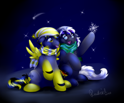 Size: 1648x1374 | Tagged: safe, artist:rudazmora, oc, oc only, oc:thunder, oc:wolfmane, earth pony, pegasus, pony, cap, clothes, couple, duo, glasses, gray, hat, male, night, scarf, smiling, snow, snowflake, stars, tongue out, winter, yellow