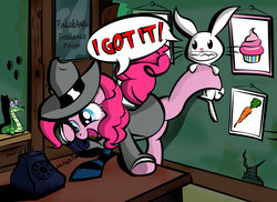 Size: 1024x744 | Tagged: safe, artist:dan232323, angel bunny, gummy, pinkie pie, earth pony, pony, g4, desk, detective, dialogue, door, female, mare, necktie, office, phone, sam and max, smiling