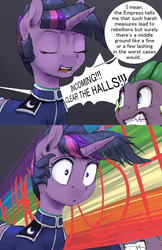 Size: 2640x4080 | Tagged: safe, artist:silfoe, rainbow dash, spike, twilight sparkle, dragon, pegasus, pony, unicorn, moonsetmlp, g4, :<, alternate hairstyle, alternate timeline, alternate universe, clothes, comic, dialogue, eyes closed, fangs, female, frown, gritted teeth, implied rainbow dash, male, mare, nightmare takeover timeline, onomatopoeia, open mouth, rainbow, rainbow trail, speech bubble, surprised, unicorn twilight, uniform, whoosh, wide eyes, windswept mane, yelling