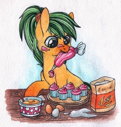 Size: 737x772 | Tagged: safe, artist:red-watercolor, oc, oc only, oc:pepper slice, oc:sweet heat, earth pony, pony, cooking, cupcake, egg, food, male, mouth hold, ponytail, solo, traditional art