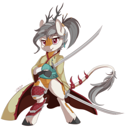 Size: 1606x1606 | Tagged: safe, artist:beardie, oc, oc only, oc:valient hearts, kirin, antlers, armor, bipedal, clothes, dual wield, katana, leonine tail, simple background, solo, sword, transparent background, weapon