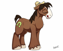 Size: 1200x981 | Tagged: safe, artist:php187, trouble shoes, earth pony, pony, g4, eyes closed, fetish, implied apple bloom, licking, licking lips, male, male pred, motion lines, simple background, stallion, swallowing, throat bulge, tongue out, unshorn fetlocks, vore, white background