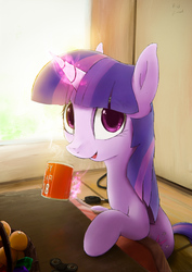 Size: 2480x3508 | Tagged: safe, artist:yvt-jp, twilight sparkle, pony, g4, blanket, coffee, coffee mug, female, fidget spinner, happy new year, high res, holiday, looking at you, mare, mug, smiling, solo
