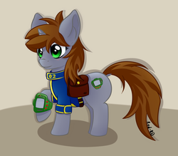 Size: 1600x1400 | Tagged: safe, artist:red-rd, oc, oc only, oc:littlepip, pony, unicorn, fallout equestria, clothes, dock, fanfic, fanfic art, female, hooves, horn, jumpsuit, mare, pipbuck, saddle bag, simple background, smiling, solo, vault suit