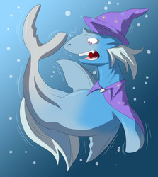 Size: 4244x4767 | Tagged: safe, artist:tfsubmissions, trixie, great white shark, shark, g4, absurd resolution, cape, clothes, fangs, floppy ears, hat, open mouth, sharkified, sharxie, solo, species swap, transformation, trixie's cape, trixie's hat, underwater, wide eyes