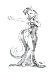 Size: 1100x1482 | Tagged: safe, artist:baron engel, oc, oc only, oc:aurora borealis, unicorn, anthro, unguligrade anthro, anthro oc, armpits, breasts, cleavage, clothes, dress, evening gown, female, grayscale, mare, monochrome, pencil drawing, side slit, simple background, singing, sketch, solo, traditional art, white background