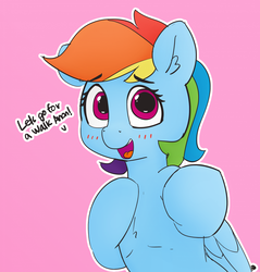 Size: 1280x1341 | Tagged: safe, artist:pabbley, color edit, edit, rainbow dash, pegasus, pony, g4, 30 minute art challenge, blushing, bronybait, colored, cute, dashabetes, dialogue, ear fluff, female, implied anon, looking at you, mare, open mouth, pink background, simple background, solo, suggestive source, talking to viewer
