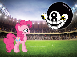 Size: 2000x1473 | Tagged: safe, artist:arcgaming91, pinkie pie, earth pony, pony, g4, crossover, cuphead, fight, magic 8 ball, mangosteen
