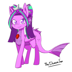 Size: 1024x1020 | Tagged: safe, artist:demonfox, aria blaze, half-siren, merpony, pony, g4, equestria girls ponified, female, gem, looking at you, mare, ponified, signature, simple background, siren gem, smiling, solo, white background
