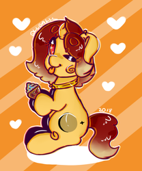 Size: 482x578 | Tagged: safe, artist:yunieelloa, oc, oc only, oc:jessie feuer, pony, unicorn, cupcake, female, food, mare, one eye closed, sitting, solo, tongue out, wink