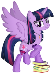 Size: 3400x4450 | Tagged: safe, artist:a4r91n, twilight sparkle, alicorn, pony, g4, alternate hairstyle, book, bow, clothes, female, jewelry, looking at you, mare, necklace, pendant, pink bow, raised hoof, signature, simple background, smug, socks, solo, spread wings, stockings, thigh highs, transparent background, twilight sparkle (alicorn), vector, wings