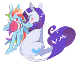 Size: 1537x1274 | Tagged: safe, artist:xenon, rainbow dash, rarity, classical unicorn, pegasus, pony, unicorn, g4, blushing, bouquet, cloven hooves, eye contact, female, horn, leonine tail, lesbian, looking at each other, mare, mouth hold, no pupils, ship:raridash, shipping, simple background, sketch, smiling, unshorn fetlocks, white background