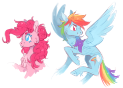 Size: 2132x1524 | Tagged: safe, artist:xenon, pinkie pie, rainbow dash, earth pony, pegasus, pony, g4, chest fluff, duo, female, mare, profile, simple background, sketch, smiling, spread wings, unshorn fetlocks, white background, wings