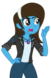 Size: 2700x4112 | Tagged: safe, artist:razethebeast, oc, oc only, oc:bella voce, equestria girls, g4, amulet, clothes, equestria girls-ified, female, high res, jacket, leather jacket, necklace, open mouth, pants, ponysona, simple background, solo, transparent background