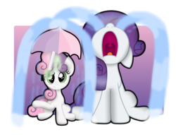 Size: 1024x782 | Tagged: safe, artist:bubbly-storm, rarity, sweetie belle, g4, crying, drama queen, female, marshmelodrama, nose in the air, ocular gushers, simple background, sisters, sweetie belle's magic brings a great big smile, transparent background, umbrella, uvula