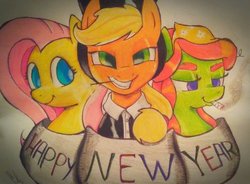 Size: 1024x753 | Tagged: safe, artist:gingerthefox, applejack, fluttershy, tree hugger, pony, g4, banner, bust, cigarette, clothes, happy new year, holiday, looking at you, smiling, sparkler (firework), traditional art, trio