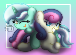 Size: 2815x2050 | Tagged: safe, artist:bubbly-storm, bon bon, lyra heartstrings, sweetie drops, earth pony, pony, g4, female, high res, lesbian, ship:lyrabon, shipping