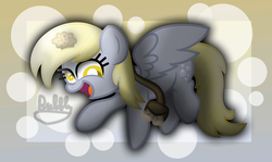 Size: 2741x1633 | Tagged: safe, artist:bubbly-storm, derpy hooves, g4, female, food, letter, muffin, solo