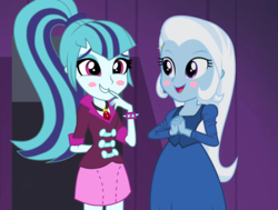 Size: 944x712 | Tagged: safe, artist:illumnious, artist:themexicanpunisher, edit, edited screencap, screencap, sonata dusk, trixie, equestria girls, g4, my little pony equestria girls: rainbow rocks, clothes, female, lesbian, shipping, smiling, sonatrix