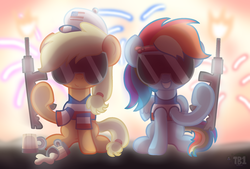 Size: 2025x1365 | Tagged: safe, artist:bubbly-storm, applejack, rainbow dash, g4, amerijack, fireworks, gun, stars and stripes, united states, weapon