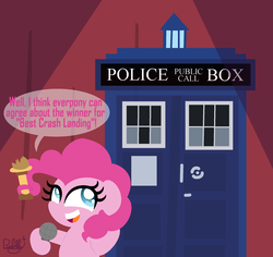 Size: 2239x2111 | Tagged: safe, artist:bubbly-storm, pinkie pie, g4, doctor who, high res, microphone, prehensile mane, tardis