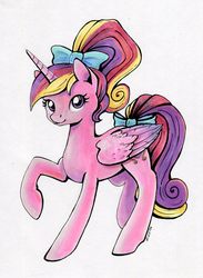 Size: 600x819 | Tagged: safe, artist:maytee, princess cadance, alicorn, pony, g4, bow, female, hair bow, mare, ponytail, raised hoof, simple background, smiling, solo, tail bow, teen princess cadance, traditional art, younger