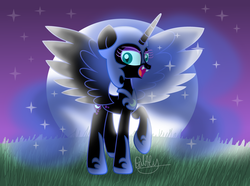 Size: 3500x2601 | Tagged: safe, artist:bubbly-storm, nightmare moon, g4, female, filly, high res, moon, night, nightmare woon, solo, spread wings, wings