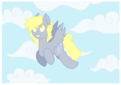 Size: 1024x715 | Tagged: safe, artist:lesleythehero, derpy hooves, pegasus, pony, g4, cloud, colored pupils, female, flying, ms paint, sky, smiling, solo