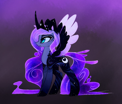 Size: 2326x1977 | Tagged: safe, artist:magnaluna, princess luna, alicorn, pony, zefiros codex, g4, alternate design, alternate universe, body markings, color porn, colored wings, colored wingtips, curved horn, ethereal mane, female, galaxy mane, horn, majestic, mare, missing accessory, older, pale belly, purple background, simple background, slit pupils, solo, spread wings, wings