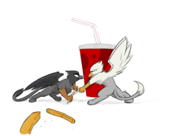 Size: 1280x996 | Tagged: safe, artist:captainhoers, artist:tinibirb, color edit, edit, oc, oc only, oc:der, oc:vax, griffon, colored, duo, fight, food, french fries, male, micro, sketch, soda