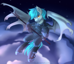 Size: 2575x2222 | Tagged: safe, artist:airiniblock, oc, oc only, bat pony, pony, rcf community, armor, bat pony oc, commission, flying, high res, hoof hold, solo, weapon