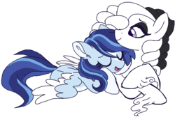 Size: 1024x690 | Tagged: safe, artist:azure-art-wave, oc, oc only, oc:azure, oc:rose, pegasus, pony, cuddling, female, lesbian, mare, oc x oc, shipping, simple background, transparent background