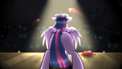 Size: 3840x2160 | Tagged: safe, artist:treblesketchofficial, twilight sparkle, alicorn, pony, g4, butt, female, food, high res, plot, solo, stage, tomato, twilight sparkle (alicorn)