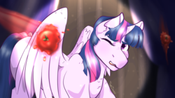 Size: 3840x2160 | Tagged: safe, artist:treblesketchofficial, twilight sparkle, alicorn, pony, g4, female, food, high res, one eye closed, solo, stage, tomato, twilight sparkle (alicorn)