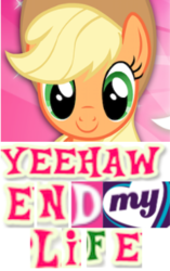 Size: 232x369 | Tagged: safe, gameloft, applejack, g4, caption, dissonant caption, expand dong, exploitable meme, female, image macro, meme, solo, suicidal, text, wow! glimmer, yeehaw