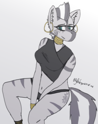 Size: 1024x1292 | Tagged: safe, artist:itzdatag0ndray, zecora, zebra, anthro, g4, clothes, ear fluff, female, looking at you, simple background, smiling, solo, underwear