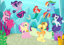 Size: 2111x1467 | Tagged: safe, artist:magpie-pony, artist:selenaede, artist:user15432, applejack, fluttershy, pinkie pie, rainbow dash, rarity, twilight sparkle, alicorn, mermaid, seapony (g4), g4, my little pony: the movie, ariel, base used, crossover, disney, disney princess, fin wings, fins, mane six, ocean, sea ponies, seaponified, seapony applejack, seapony fluttershy, seapony pinkie pie, seapony rainbow dash, seapony rarity, seapony twilight, species swap, swimming, that pony sure does love being a seapony, the little mermaid, twilight sparkle (alicorn), under the sea, underwater, watershy