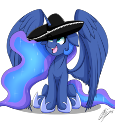 Size: 3214x3450 | Tagged: safe, artist:nexcoyotlgt, princess luna, alicorn, pony, g4, cute, female, happy, high res, horn, horn impalement, large wings, looking up, mare, mariachi hat, simple background, smiling, solo, spread wings, transparent background, wings