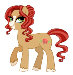 Size: 885x912 | Tagged: safe, artist:cascayd, oc, oc only, oc:scarlett rose, earth pony, pony, blaze (coat marking), coat markings, crack ship offspring, facial markings, female, mare, next generation, parent:cherry jubilee, parent:trouble shoes, parents:cherryshoes, raised hoof, simple background, solo, white background