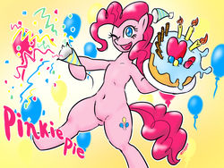 Size: 1024x768 | Tagged: safe, artist:zokoira, pinkie pie, g4, bipedal, cake, female, food, hat, party hat, party horn, solo