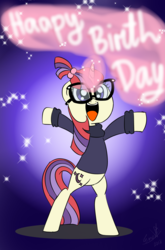 Size: 800x1214 | Tagged: safe, artist:emositecc, moondancer, pony, g4, bipedal, female, glowing horn, happy birthday, horn, magic, solo