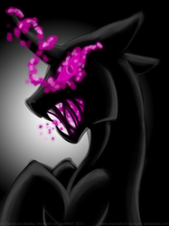 Size: 800x1067 | Tagged: safe, artist:inuhoshi-to-darkpen, enderman, enderpony, pony, black background, colored sclera, crossover, glowing eyes, horror, minecraft, open mouth, ponified, purple eyes, simple background, video game