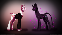 Size: 1024x573 | Tagged: safe, artist:inuhoshi-to-darkpen, enderman, enderpony, pony, clothes, colored sclera, crossover, curved horn, horn, minecraft, no eyes, ponified, purple eyes, simple background, slenderman, slendermane, slenderpony, suit, video game