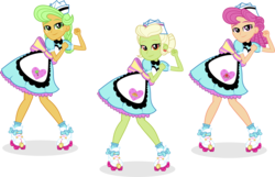 Size: 8254x5326 | Tagged: safe, artist:punzil504, apple rose, goldie delicious, granny smith, coinky-dink world, eqg summertime shorts, equestria girls, g4, 50s, absurd resolution, carhop, clothes, clothes swap, dancing, equestria girls-ified, female, freckles, roller skates, simple background, transparent background, trio, trio female, waitress, young apple rose, young goldie delicious, young granny smith, younger