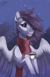 Size: 2193x3327 | Tagged: safe, artist:orfartina, oc, oc only, pony, clothes, coffee, cup, high res, scarf, snow, snowfall, solo