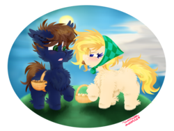 Size: 1024x769 | Tagged: safe, artist:vanillaswirl6, oc, oc only, oc:kindling pile, oc:scrambled sunshine, pony, :t, bandana, basket, cloud, colt, duo, egg, female, filly, glare, grass, male, mouth hold, nervous, open mouth, raised hoof, saddle basket, scrunchy face, simple background, sky, sun, transparent background, younger