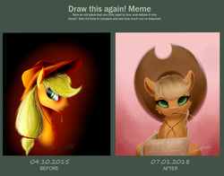 Size: 3500x2750 | Tagged: safe, artist:skitsroom, applejack, earth pony, pony, g4, bust, draw this again, hay stalk, high res, portrait, sign, straw in mouth