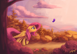Size: 850x600 | Tagged: safe, artist:lollipony, fluttershy, butterfly, pegasus, pony, g4, beautiful, female, floppy ears, looking at something, mare, profile, raised hoof, smiling, solo, spread wings, tree, wings